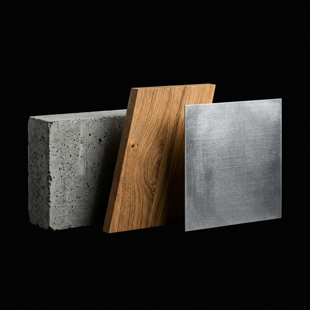 Vzorník materiálů — beton, dřevo, kov